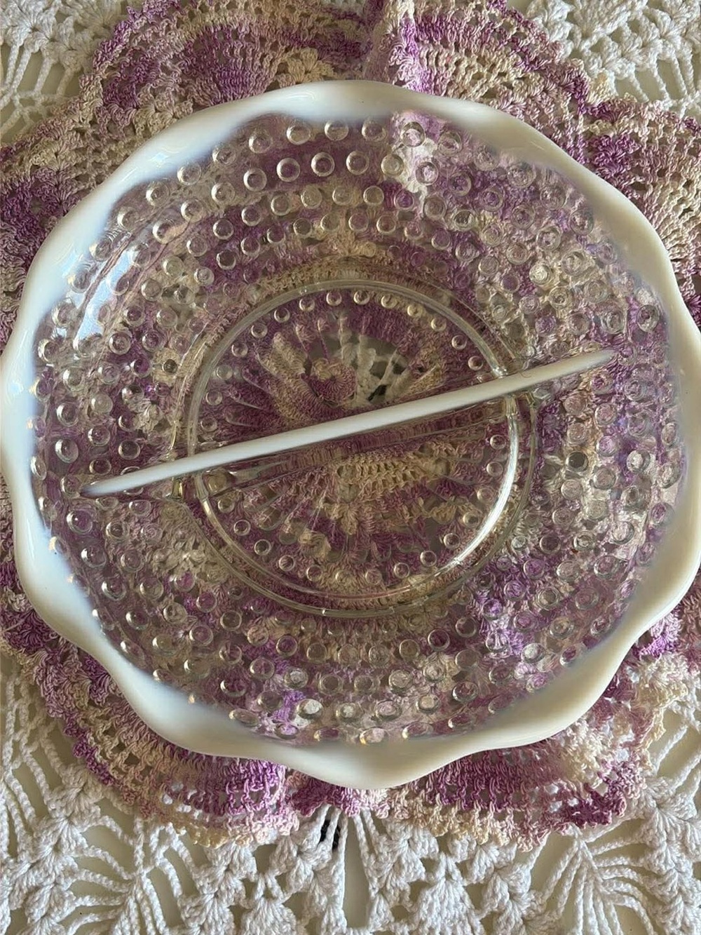 Vintage Fenton White Opalescent Hobnail Divided Dish, Tray, Pristine